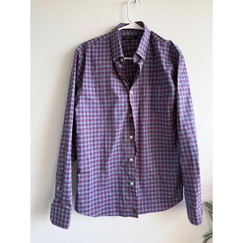 Banana Republic Tech Stretch Cotton Plaid Button Down Shirt Mens Medium Blue Red